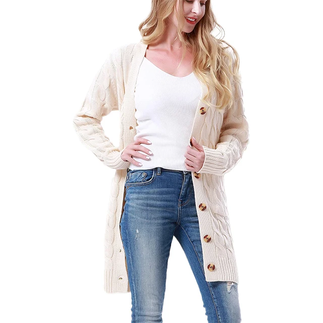 2021 Autumn Winter Long Cable Knitted Women Cardigan Sweater Woman Oversized Single Breasted V Neck Knit Cardigans For Ladies