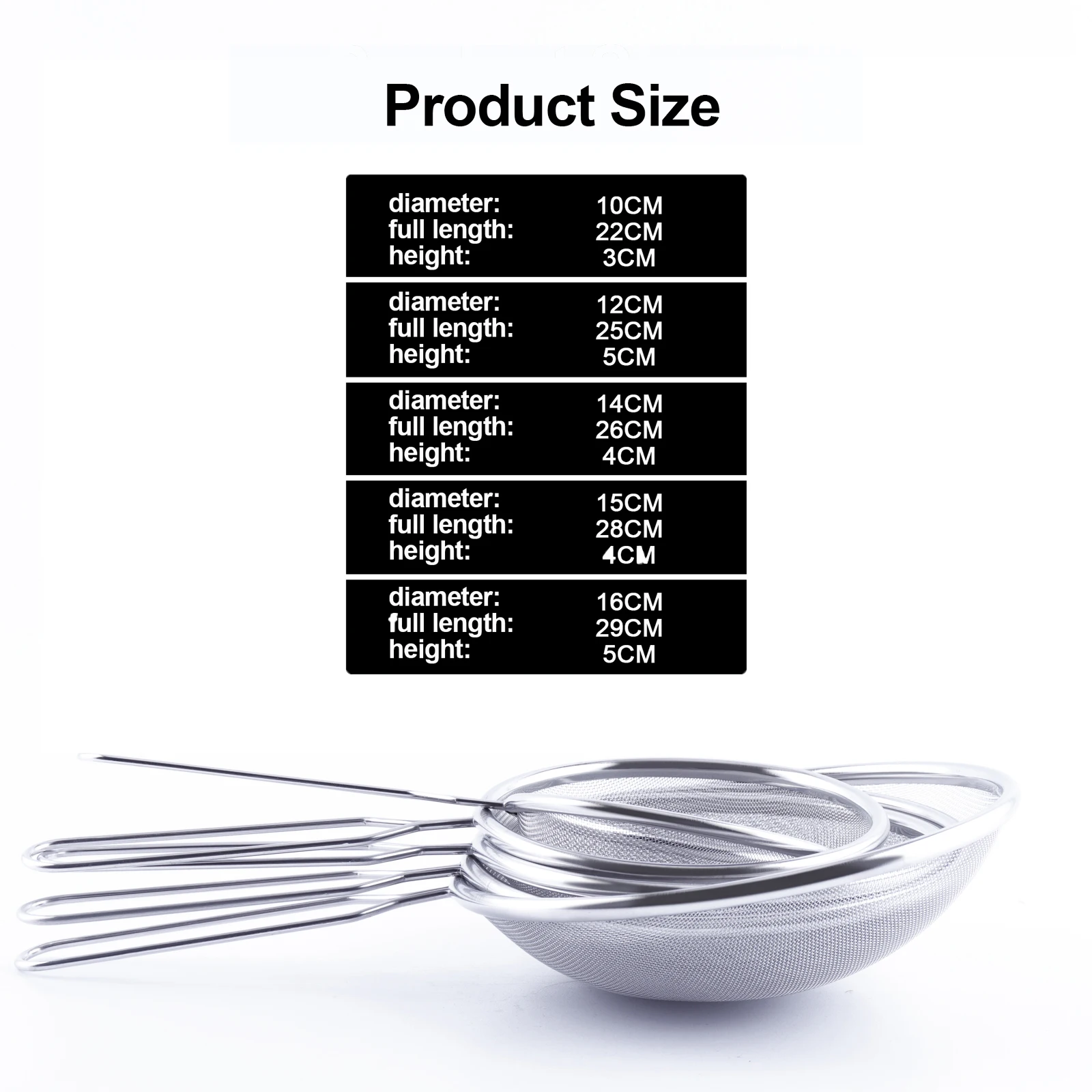 Fine Mesh Strainer Set of 5 Stainless Steel Sieve with long handle Used for Tea Flour Pasta, Rice Food Kitchen Oil