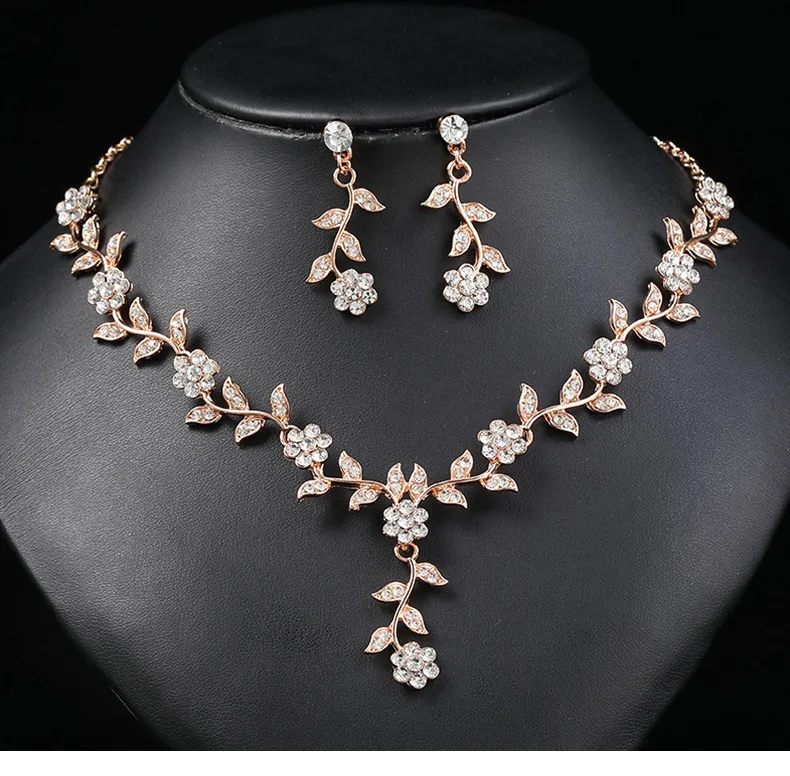 New Design Bridal Wedding Jewelry Set Women Girls Crystal Rhinestone Flower Necklace Earring Set For Dress