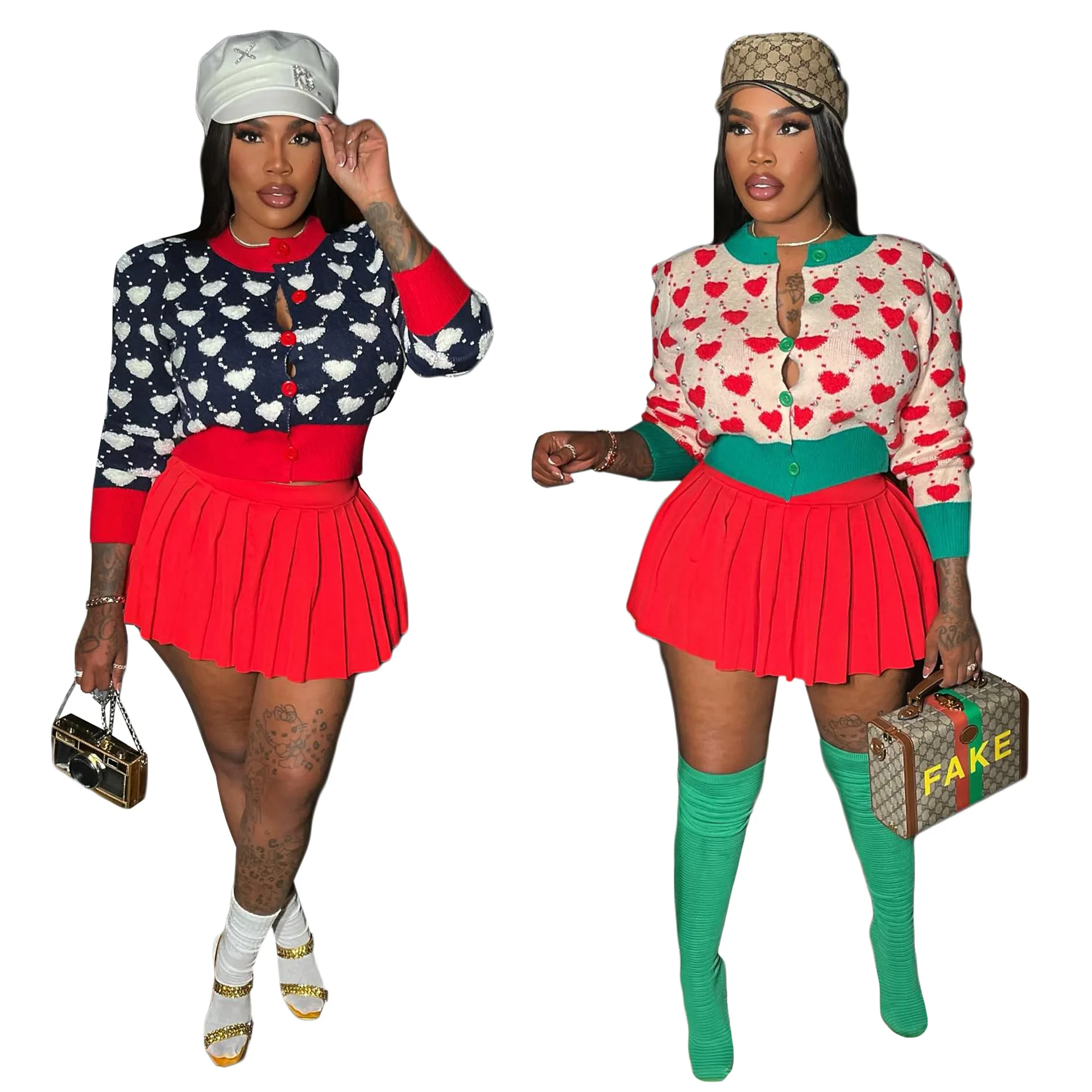 New Stylish Button Knitted Long Sleeve Crochet Cardigan Sweater Women Pink Valentines Heart Sweaters Cardigan Sweaters for Women