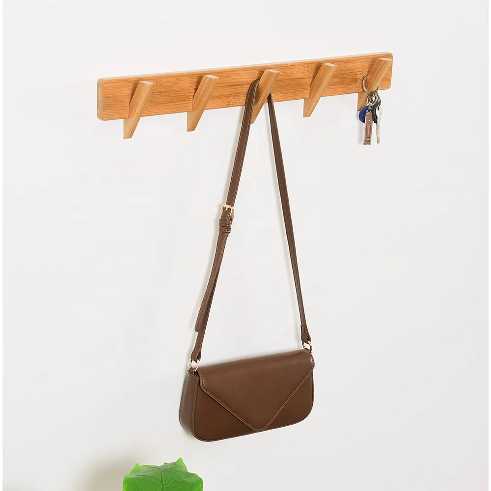 Modern Large Wood Wall Coat Rack with 5 Hooks Single-Tier Organization Kitchen Bathroom Clothing Hanger Bamboo Clothes Hanging