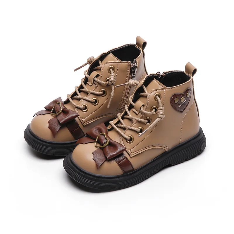 Girls Bow Ankle Side Zip PU Leather Fashion Martin Boots Children Winter Warm Shoes Baby Toddler Little Big Kid Short Boots