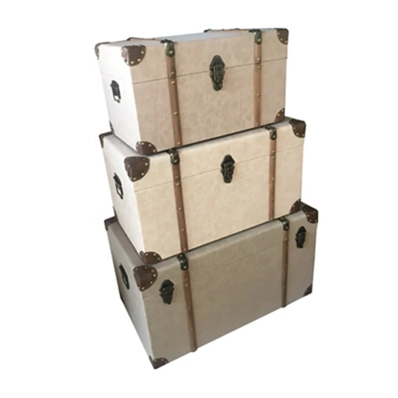 
Hot Selling Antique Rectangle Wooden Base Pu Set of 3 Storage Trunk 