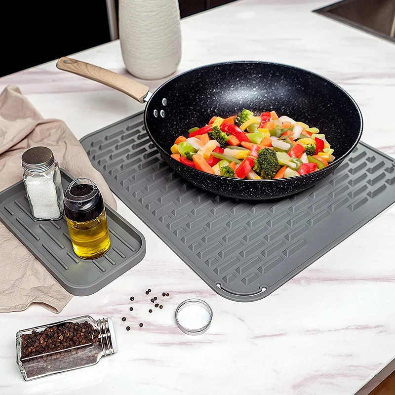 Non Slip Premium Extra High Ridges, Upgraded Thickness Silicone Dish Fast Drying Mat & Tray Countertop Protection Trivet