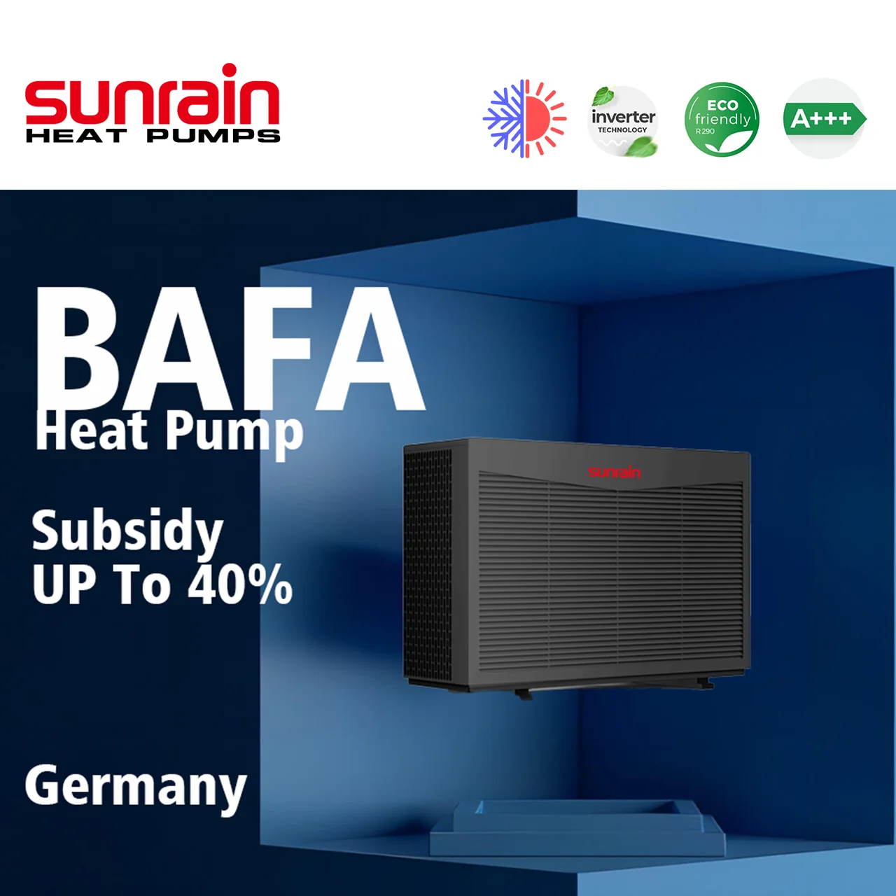 Sunrain House Heating Cooling & DHW 6KW 12KW 18KW Water Heater Full DC Inverter EVI R290 A+++ WIFI  Monoblock Heat Pump