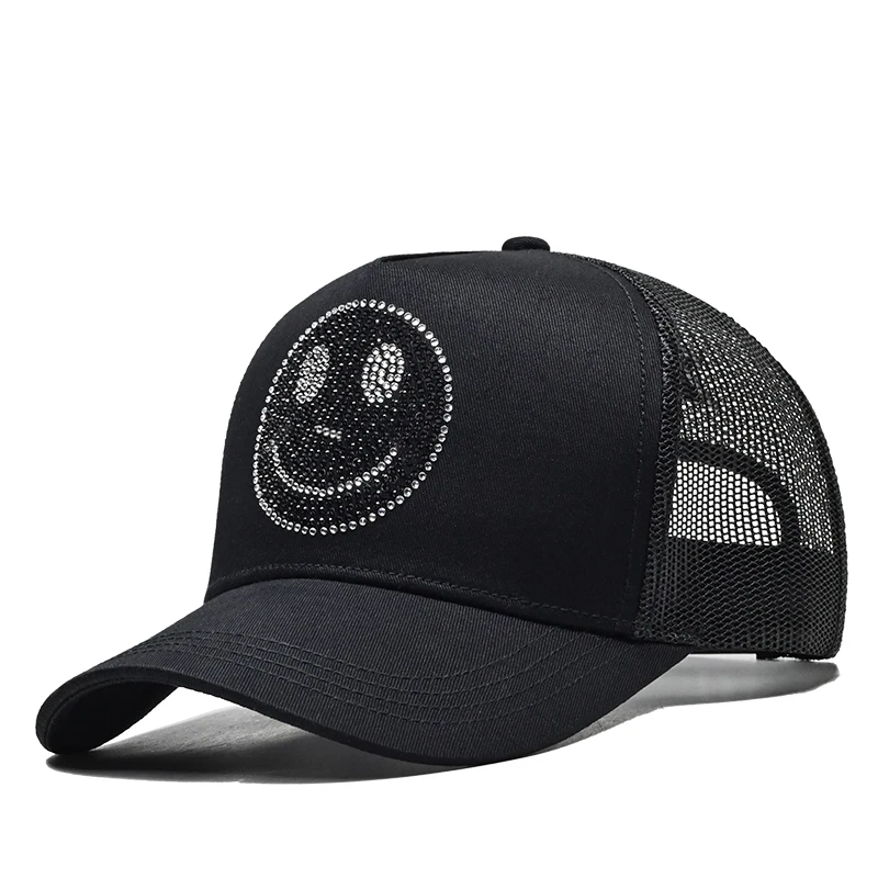 Custom new design rhinestones smile logo 5 panel breathable mesh trucker hat Outdoor sports baseball cap