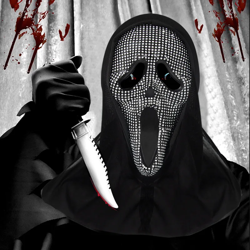 Halloween Carnival Screaming Ghost Mask w Hood Carnival Ball Scary Masks Horror Face Creepy Rhinestone Masks