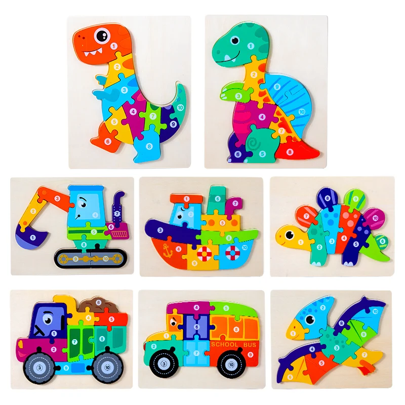 Wooden Popular 3D Cartoon Kids Animal Puzzle Board Game Dinosaur Baby Educational Toys Jigsaw Puzzles