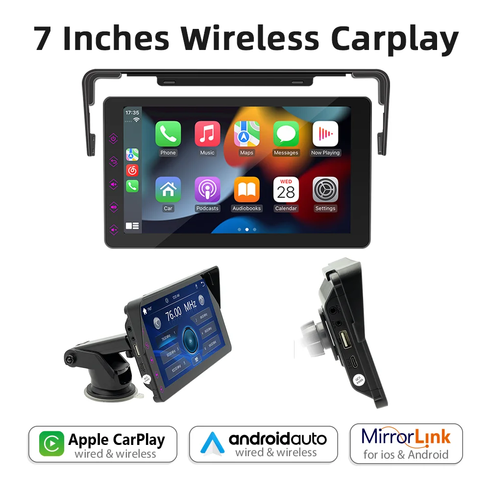 BQCC 7' IPS Portable MP5 Car Player Wireless CarPlay Android AUTO Mirrorlink Type-C Interface Colorful Button Light Car Radio
