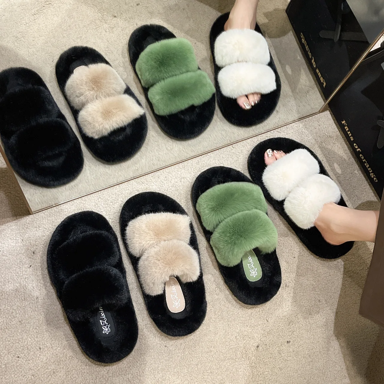 PDEP slipper femmes 2023 new color matching ladies flip flop thick bottom plush winter fashion fur  slippers women  wholesale.