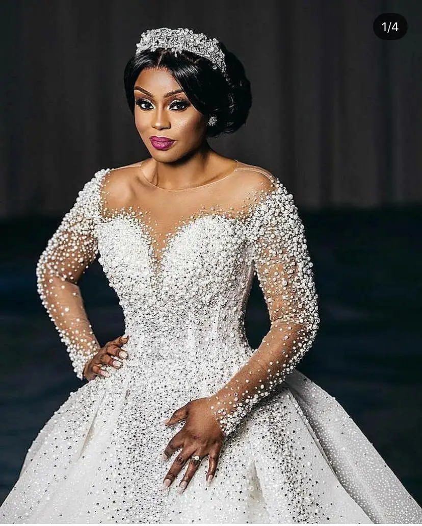 Luxury pearls ball gown wedding dress long sleeve v neck heavy pearl beaded wedding gown bridal dress