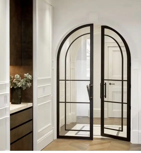 French Style Wrought Iron Doors Metal Steel Glass UL Certified Lock Finished Surface Exterior Home Use Arch Glass Windows Design