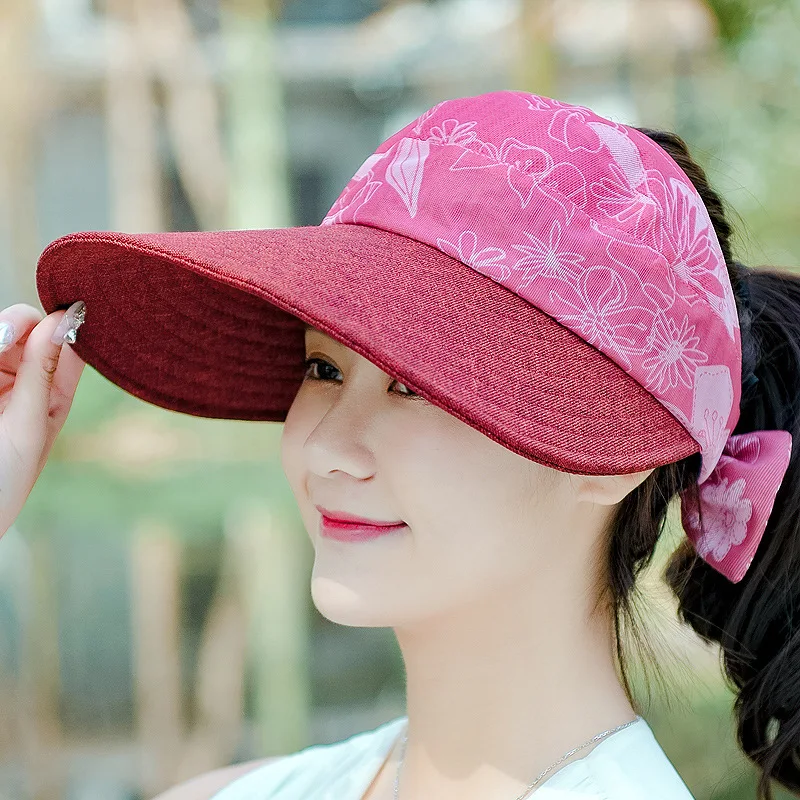 Sidiou Group Outdoor Flower Printed Sunshade Cap Big Brim With Foldable Visor For Cycling Hiking Casual Women Sun Visor Hat