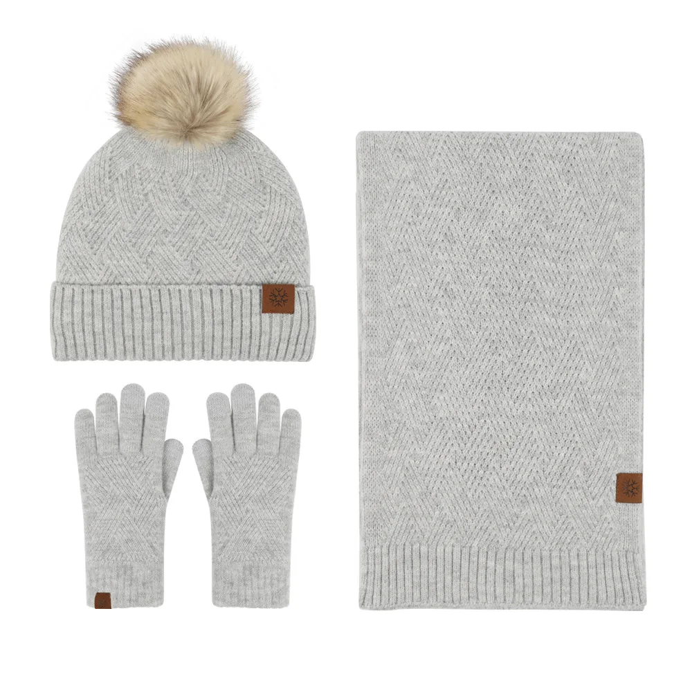 Fake fur pompom on beanie hat Knitted Beanie Set Scarf Hat Gloves-for Cold Weather Protection