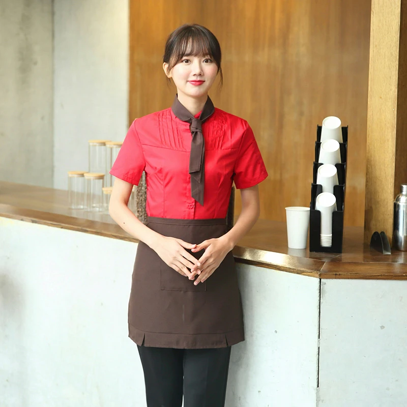 
Waiter short sleeve shirt set Restaurant hotel staff uniform leader towel Pure color cleaner uniform 