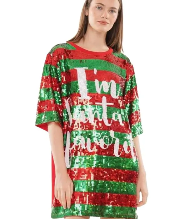 Christmas Bling Sequin Tunic T Shirt Dress Tees Ladies Short Sleeves Round neck Custom Christmas knee t shirt Dress for ladies