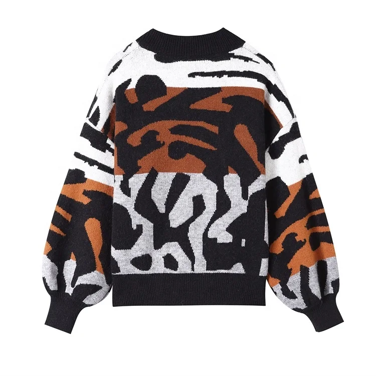 2022 new fashion leopard sweater v neck loose casual pullover sweater for women