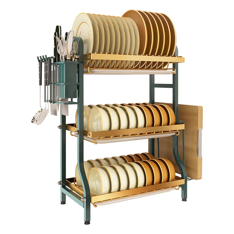 Wholesale price freestanding dish rack kitchen counter top 3 tier green dish rack metal kitchen storage rack with separate tray