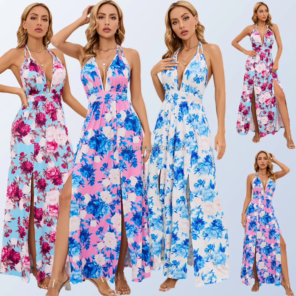 Ladies elegant summer suspender casual ladies long dress sleeveless cut floral ladies linen to floor dress