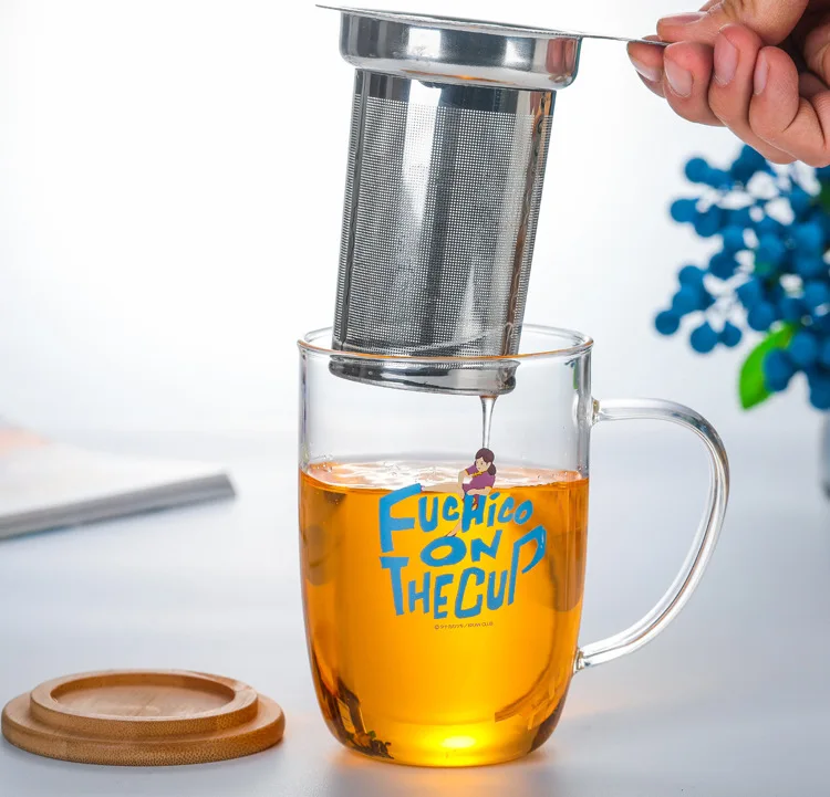 Promotional Christmas Gift Tea Infuser Cup Borosilicate Tea Glass Mug Cup With Stainless Steel Tea Infuser and Wooden Lid