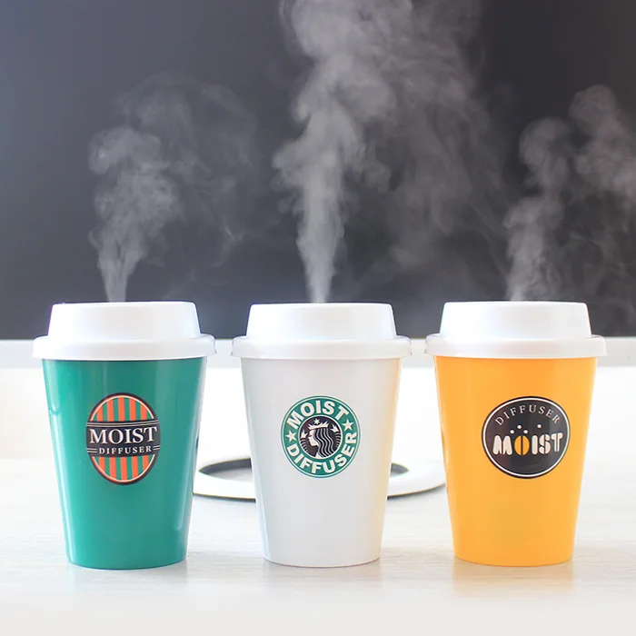 High quality ultrasonic cool mist mini portable coffee cup humidifier for car USB 300ml air aroma diffuser