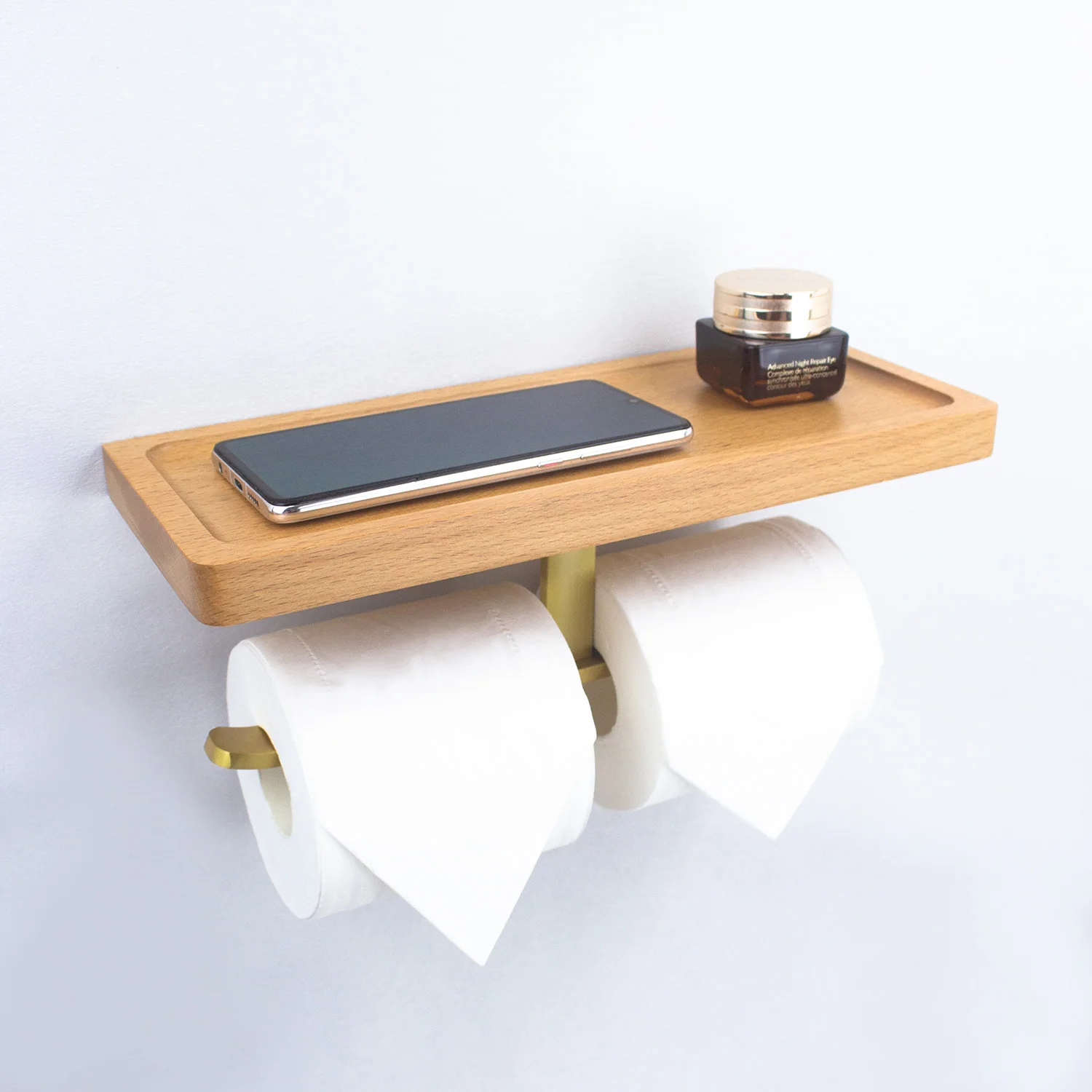Beech Wood Toilet Paper Holder with Shelf Wall Mount No Drilling Bathroom Roll Tissue Holder for Cellphone