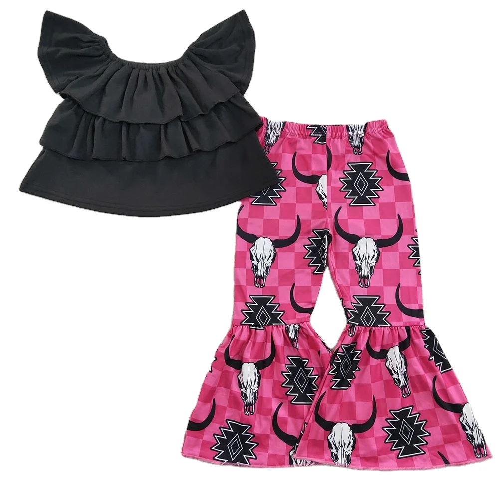 New Arrival Black Ruffles Off Shoulder Casual Tunic Fashion Cow Skull Aztec Hot Pink Bell-pants RTS Baby Girls Outfits