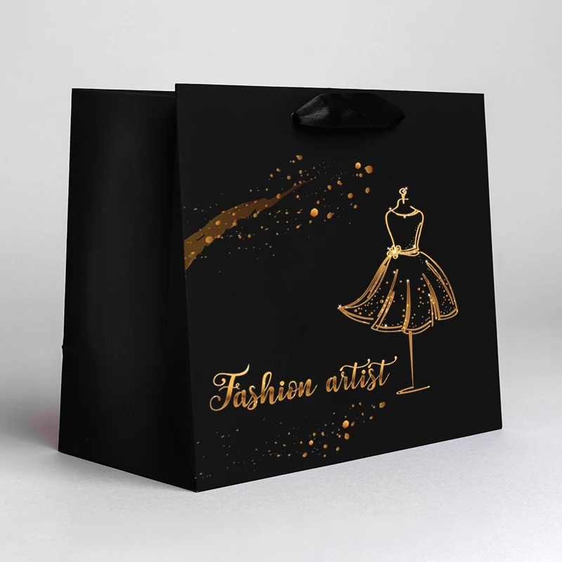 Custom Printed Logo Luxury Gold Foil Printing Retail Boutique Shopping Tote Art Gift Paper Bags For Shoes Clothes Packaging