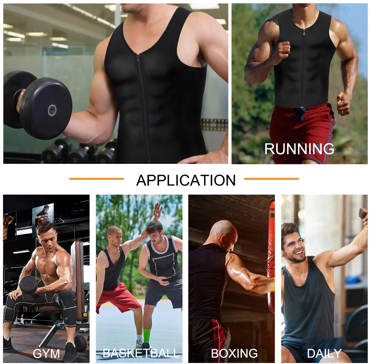 Neoprene Exercise  Slimming Body Shaper Sauna Suit Tank Top with single belt Zipper Waist Trainer Vest for Men