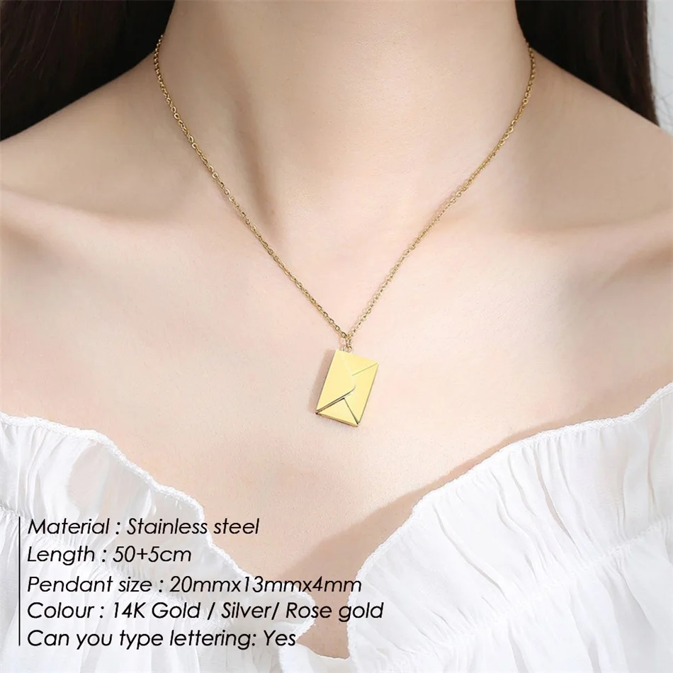 14K Gold Plated Stainless Steel Custom Engraved Envelope Pendant Necklace Titanium Steel Love Magnet Envelope Choker Necklace