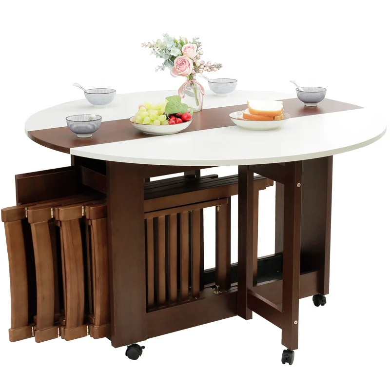  Save Space Wood Folding Round Expandable Dining Table Sets with Chairs for