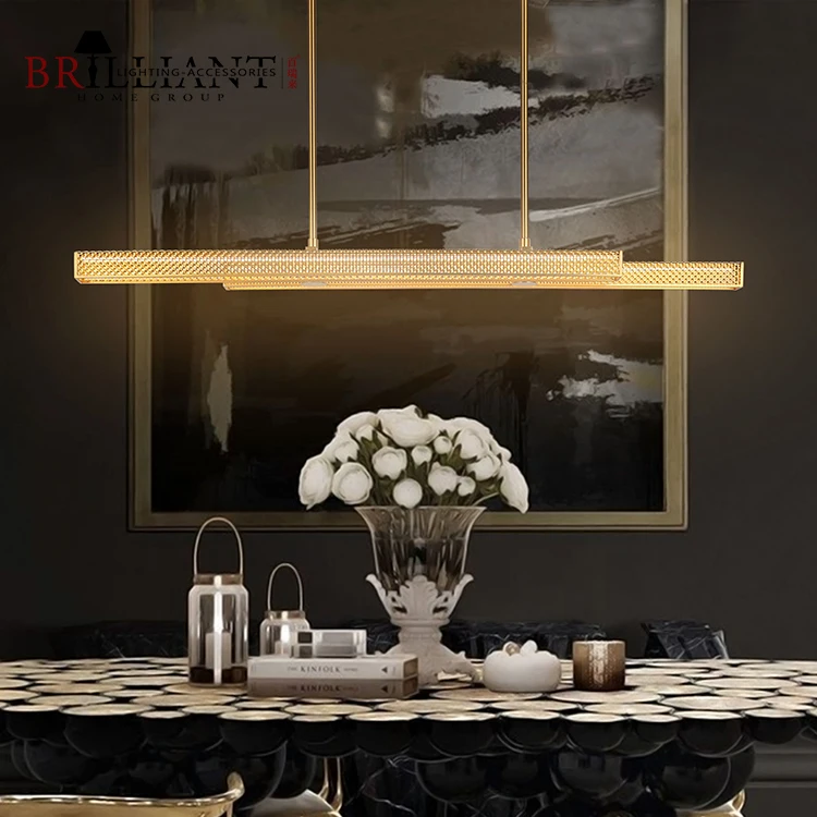 Modern Hotel Dining Room Lighting Stainless Steel Led Hanging Chandelier Square Mesh Woven Metal Linear Pendant Light