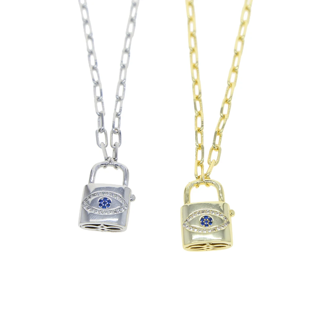 Fashion Silver Gold Plated Evil Eyes Signet Concentric Lock Pendant Paperclip Link Chain Necklace For Women