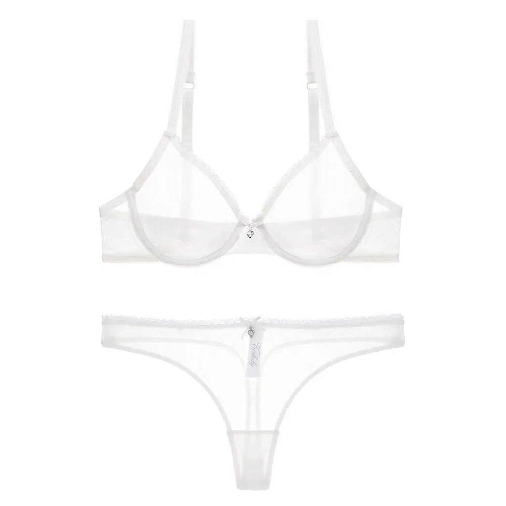 Ultra-thin Cup Mesh Lace Underwear Transparent Unlined Plus Size Bra Set Bow or Bunny Thong Panties Lingerie Wedding Underwear