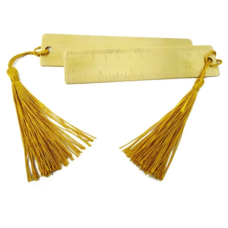 Dual scale engraved ruler metal brass copper bookmark with tassel