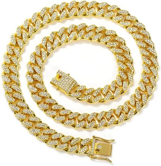 Wholesale Price Hip Hop Jewelry Sliver Gold Plated Hand Setting Rhinestone Diamond Miami Cuban Link Chain Necklace For Men