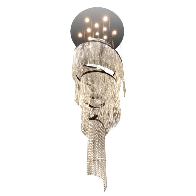 Custom Luxury Crystal Tassel Design Pendant Lampe Bright Hotel Lobby Stair High Ceilings Spiral Chandelier Light Modern Crystal