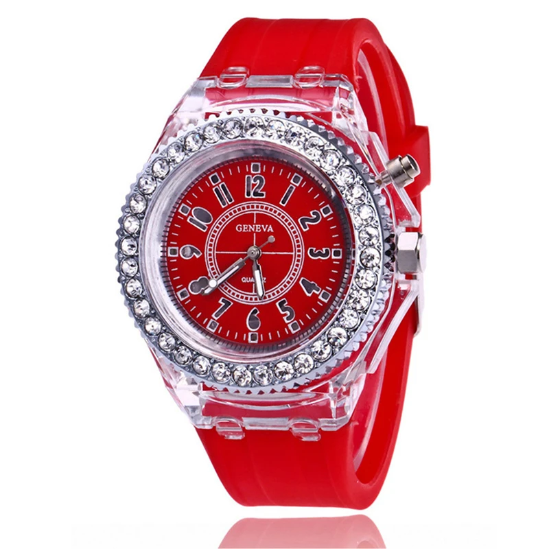 Colorful Rhinestone Led Luminous Glowing Sport Student Watches Quartz Candy Silicone Strap Watch For Couple