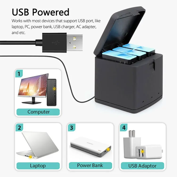 JUNNX 3 Channel Type-C Storage Box 3PCS Battery Quick Charger Cargador Baterias para Go Pro for Gopro Hero 10 9 Battery