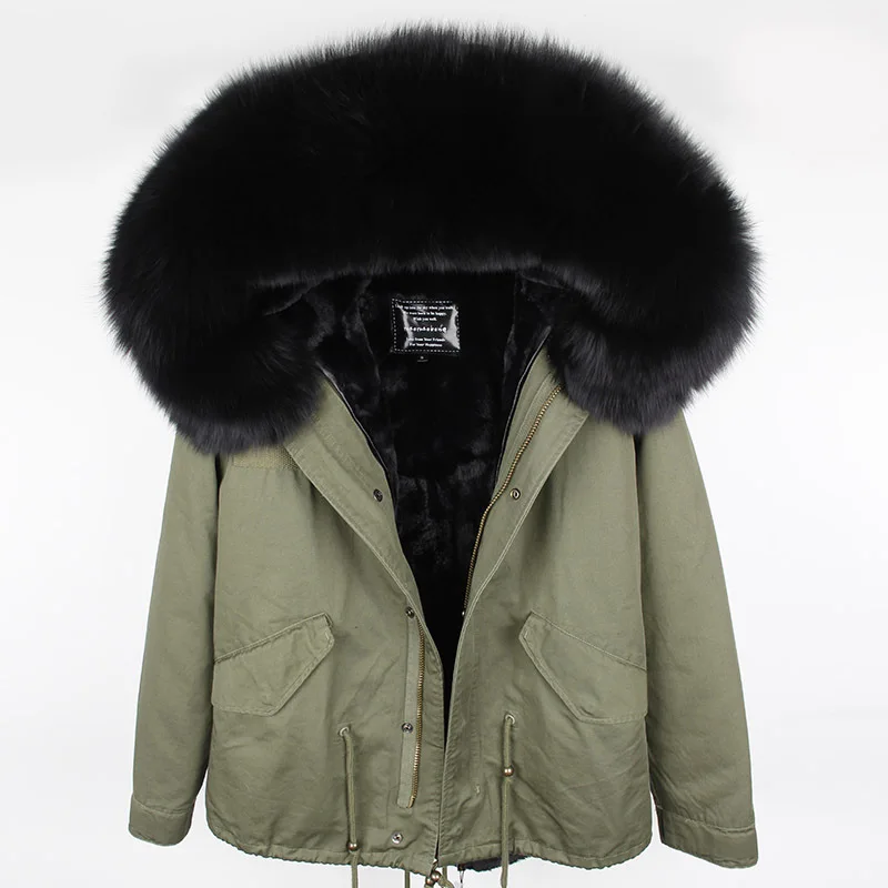 Genuine fox fur collar detachable faux fur lined winter hood parka men women fur jackets