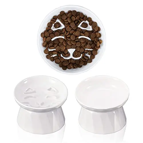 IKITCHEN Dry Wet Food Water Bowl for Cats Dogs Small Elevated Pet Bowl Slow Feeder Ceramic Slow Feeder Cat Bowls Slow Feeder