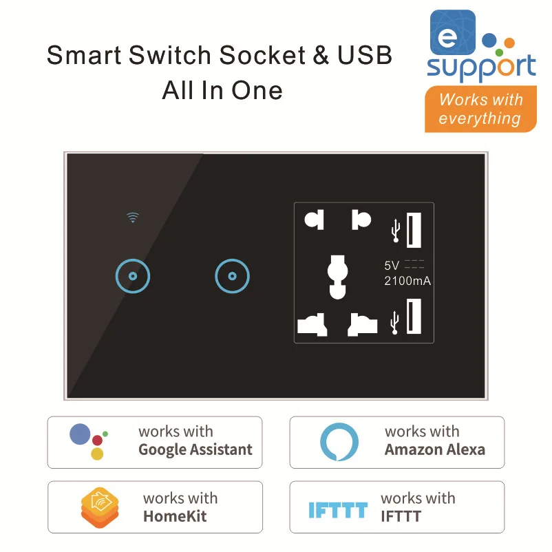 British standard UK Wifi wall switch and smart Wifi  socket outlet, 5 pin multi socket EU Australian export switch socket