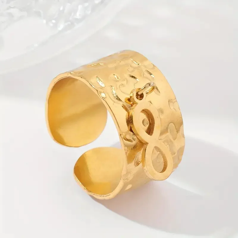 Custom 18K Gold Plated Life Tree Infinite Mobius Charm Finger Rings Stainless Steel Hammer Wide Open Ring Jewelry OEM/ODM