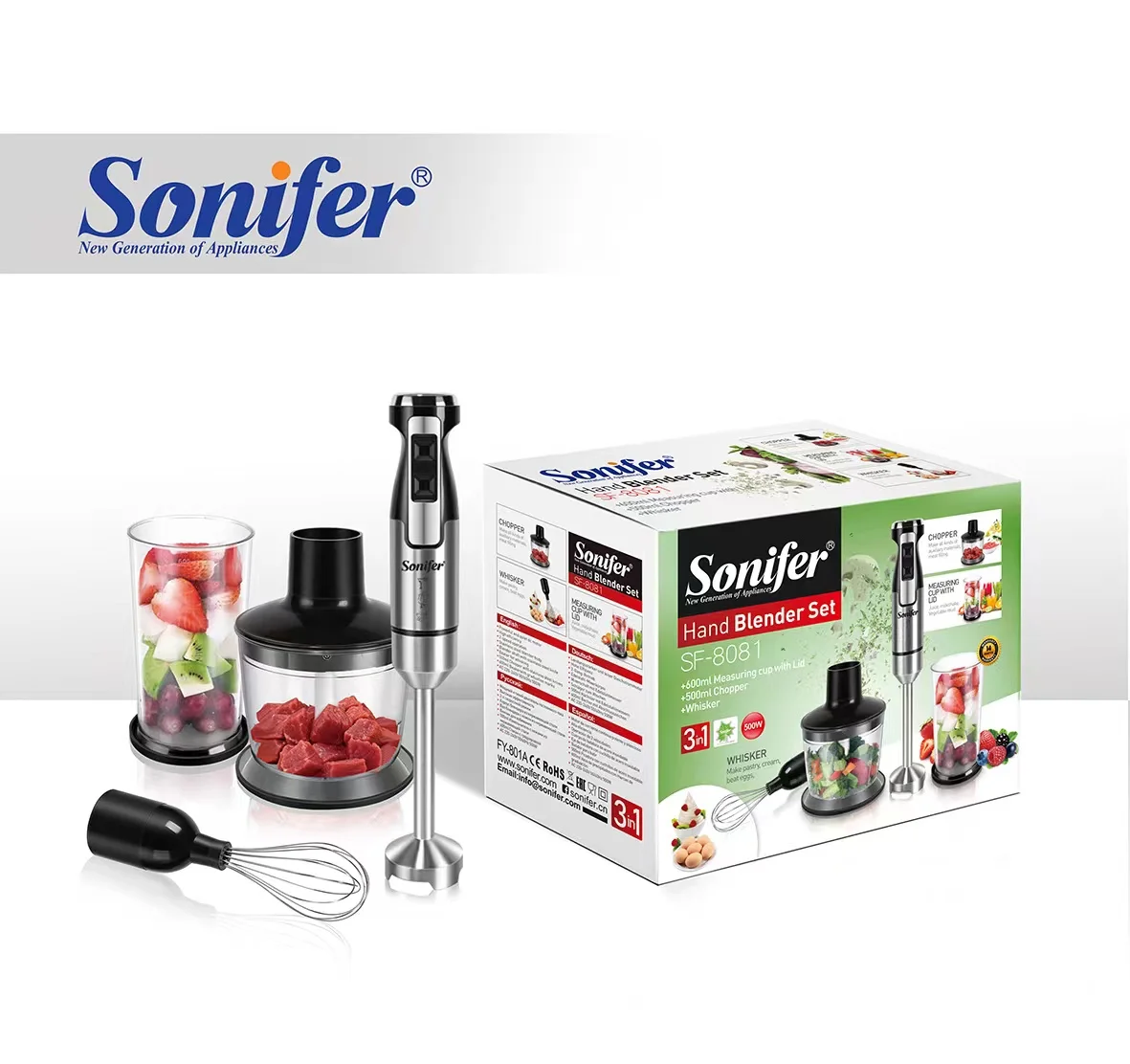Sonifer SF-8081 профессиональное домашнее нержавеющая сталь быстрый Электрический 3 в 1 многофункциональный измельчитель венчик погружения