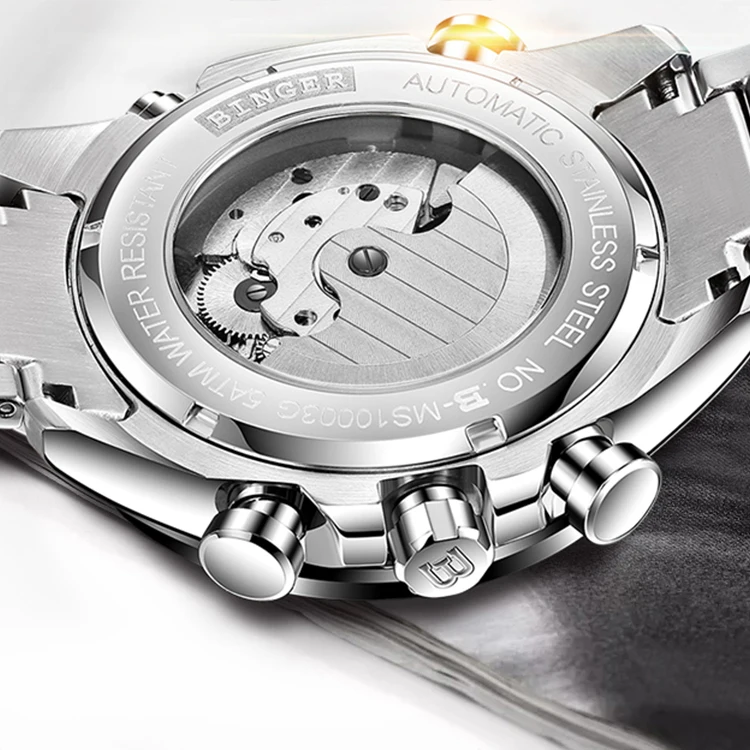 
BINGER Brand Men automatic mechanical Luminous waterproof running full steel Genuine Luxury Wristwatch 
