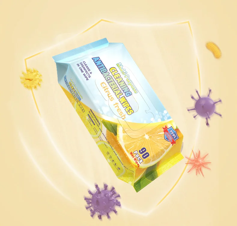 China Factory Wet Wipes 90pcs Sanitizing Wipes Antibacterial Disinfecting Wet Wipes for Daily Cleaning Lemon Scent