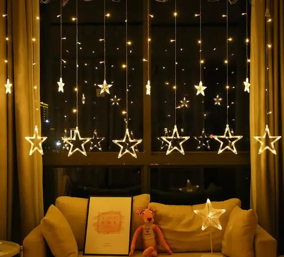 Hot sell 2.5m 138LED Christmas Hanging Star Curtain String Lights decoration Warm white fairy light outdoor indoor