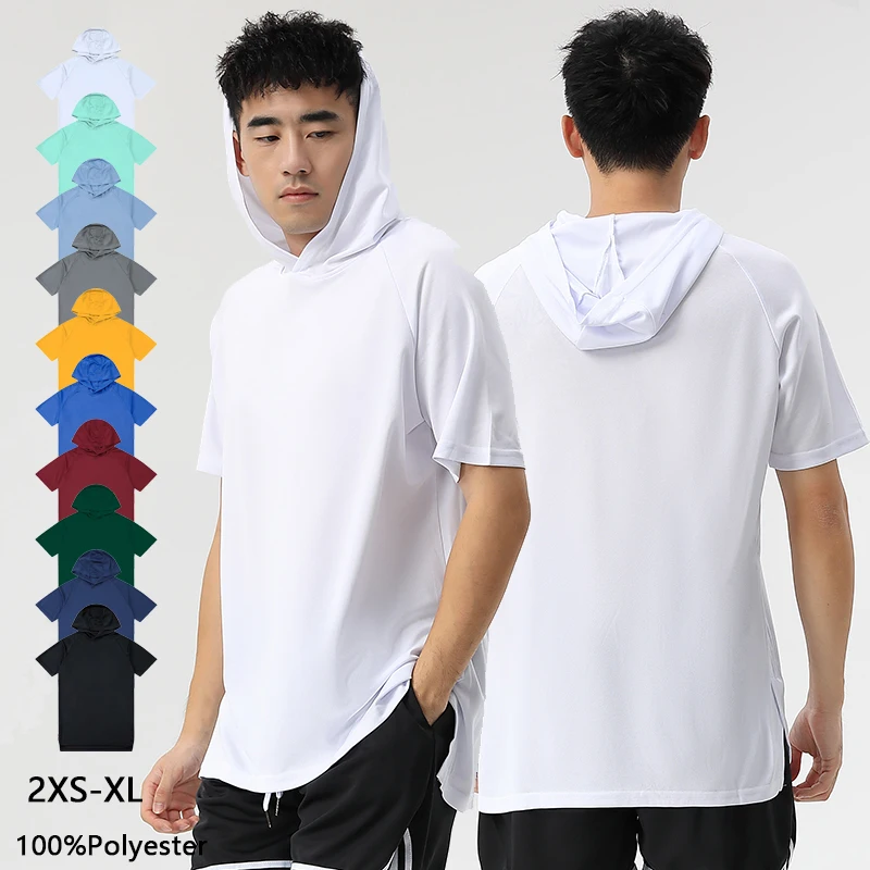 100% Polyester Short Sleeve Gym Shirt Hooded Men Side Split Quick Dry Shirt Wholesale Blank Sport T Shirt