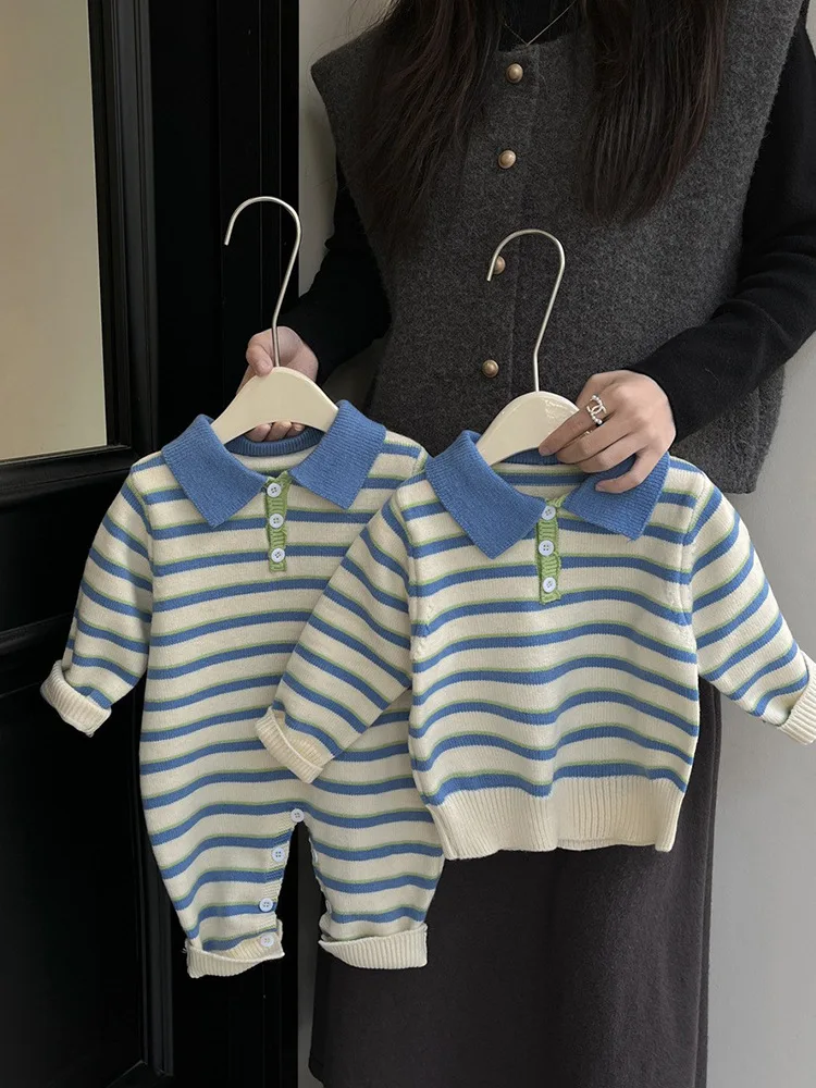 Blue Striped Knit Spring Fall Outfits Baby Long Sleeve Polo Collar Boys Knitted Sweater Jumpsuits