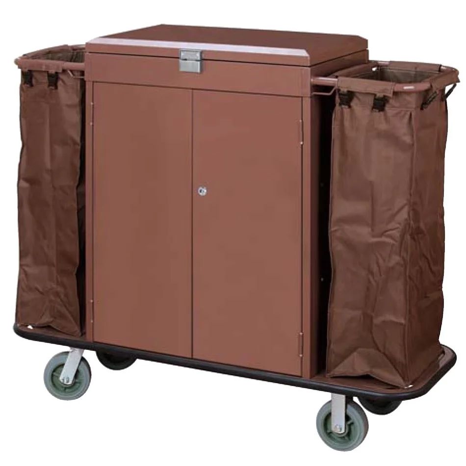 T014 Hotel Guestroom Brown Housekeeping Cleaning Trolley Hospitality Supplies Housekeeping Maid Cart Service Cart